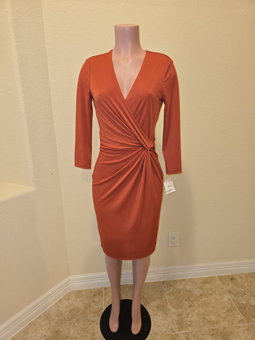 Anne Klein Rust-Orange Faux-Wrap Midi Dress